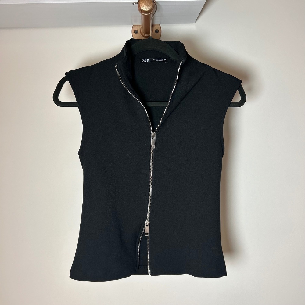 Zara Black Sleeveless Zip Front Top with Stand Collar